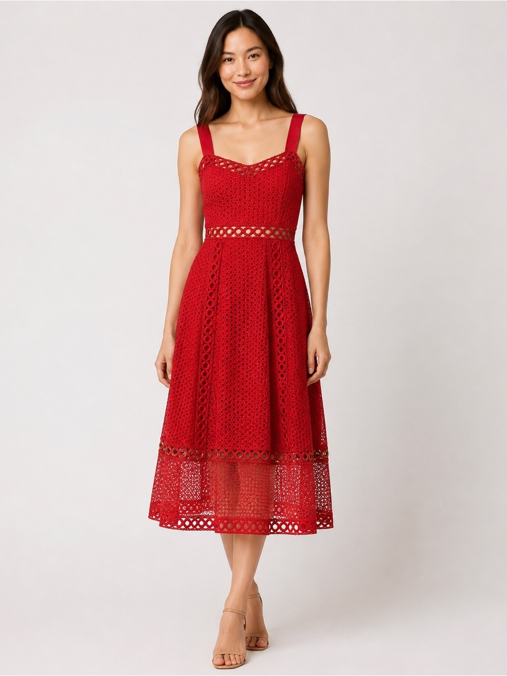 Maje Red Lace Pattern Midi Dress